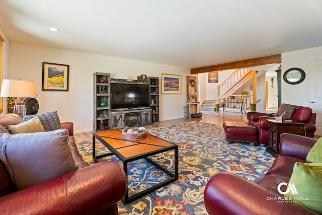 2623 Gold Rush Ave, Helena, MT 59601 - living room featuring stairway, wood finished floors, and recessed lighting