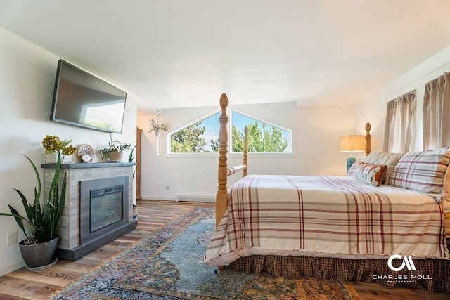 2623 Gold Rush Ave, Helena, MT 59601 - bedroom with wood finished floors, a glass covered fireplace, a baseboard radiator, and vaulted ceiling