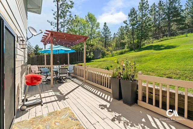 2623 Gold Rush Ave, Helena, MT 59601 - wooden terrace featuring a pergola, outdoor dining space, a fenced backyard, and view of wooded area