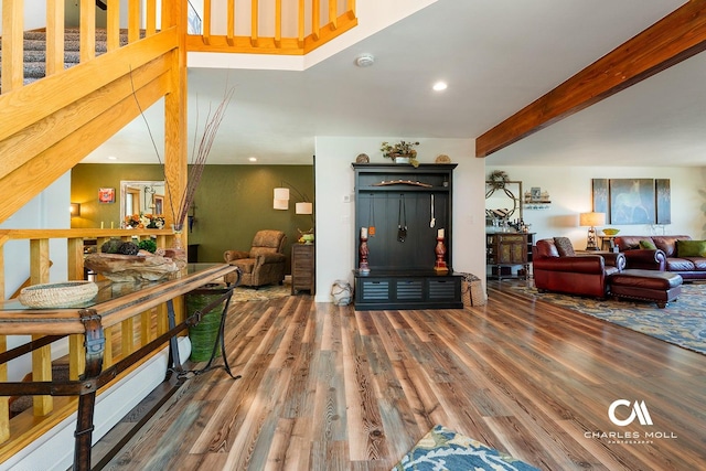 2623 Gold Rush Ave, Helena, MT 59601 - living area with wood finished floors, beamed ceiling, and recessed lighting