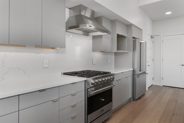 265 S 4th St E Unit 405, Missoula, MT 59801 - kitchen with stainless steel appliances, wall chimney range hood, gray cabinets, light wood finished floors, and decorative backsplash