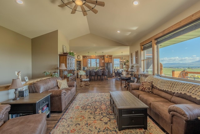 51 Whitehorse Rd, Townsend, MT 59644 - living room with wood finished floors, vaulted ceiling, plenty of natural light, ceiling fan, and recessed lighting