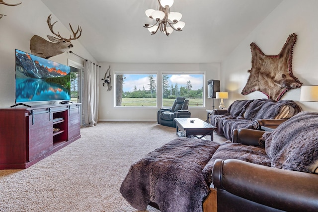 791 Springwood Ln, Kalispell, MT 59901 - carpeted living area featuring a chandelier and vaulted ceiling