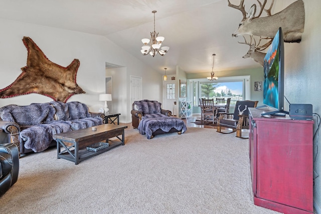 791 Springwood Ln, Kalispell, MT 59901 - carpeted living room with a chandelier and lofted ceiling