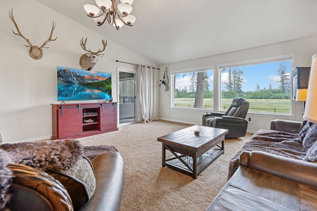 791 Springwood Ln, Kalispell, MT 59901 - carpeted living area with a chandelier and vaulted ceiling