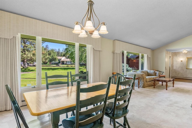 1229 Old Orchard Rd, Missoula, MT 59802 - dining room featuring plenty of natural light, a chandelier, light colored carpet, vaulted ceiling, and a baseboard heating unit