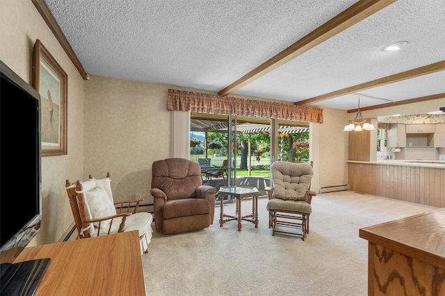 1229 Old Orchard Rd, Missoula, MT 59802 - living room featuring a textured ceiling, beamed ceiling, carpet floors, a baseboard heating unit, and a chandelier