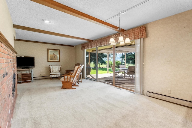 1229 Old Orchard Rd, Missoula, MT 59802 - living area featuring beam ceiling, a textured ceiling, carpet, a baseboard heating unit, and a chandelier