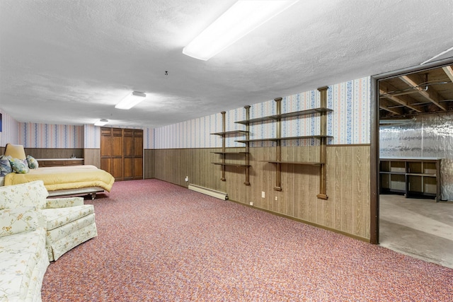 1229 Old Orchard Rd, Missoula, MT 59802 - carpeted bedroom with wallpapered walls, a baseboard radiator, wainscoting, and a textured ceiling