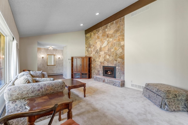 1229 Old Orchard Rd, Missoula, MT 59802 - living area with carpet floors, a stone fireplace, high vaulted ceiling, and recessed lighting
