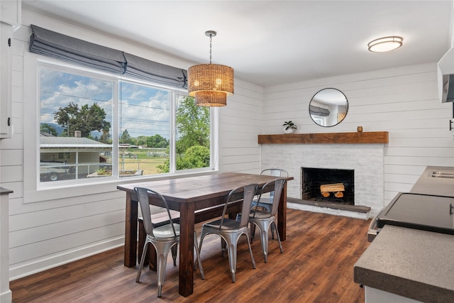 4206 N Ave W, Missoula, MT 59804 - dining area with dark wood-type flooring, a fireplace, and wooden walls