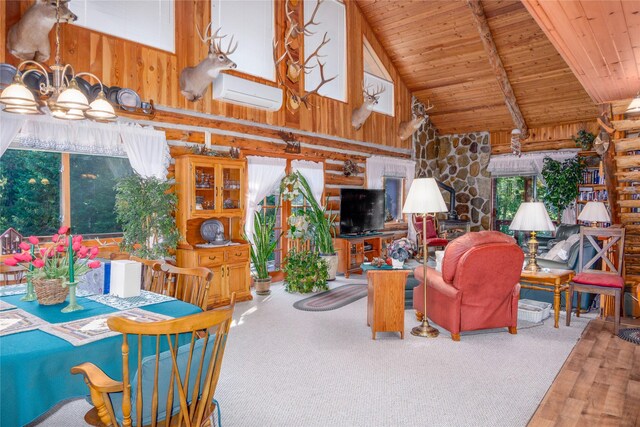 1429 Schoolhouse Lake Rd, Troy, MT 59935 - living area featuring healthy amount of natural light, high vaulted ceiling, wood walls, a wall mounted AC, and a wooden ceiling with exposed beams