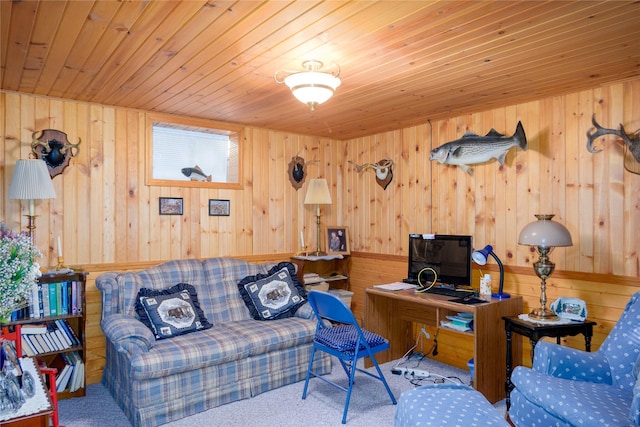 1429 Schoolhouse Lake Rd, Troy, MT 59935 - office space with wood ceiling, wooden walls, and carpet flooring