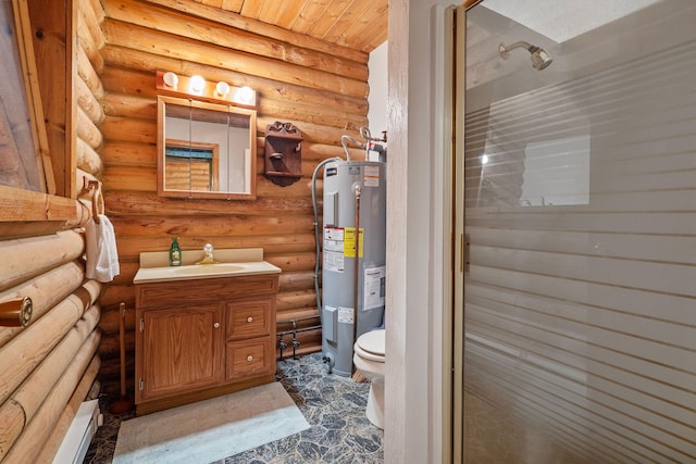 72 Giefer Creek Rd, Essex, MT 59916 - full bath with water heater, vanity, a shower with shower door, and rustic walls