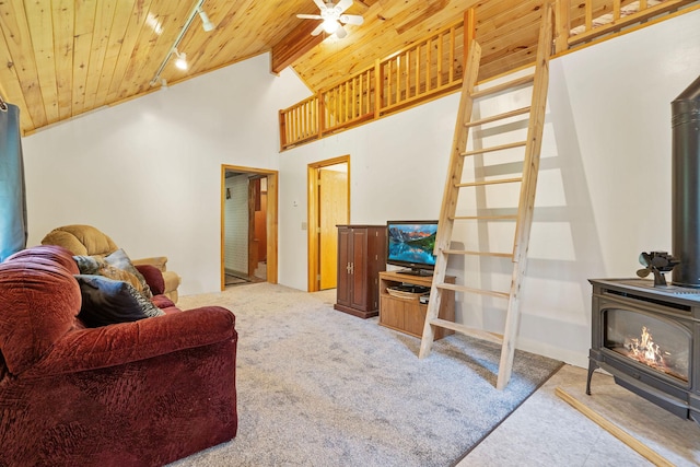 72 Giefer Creek Rd, Essex, MT 59916 - carpeted living area with a wood stove, wood ceiling, rail lighting, and ceiling fan