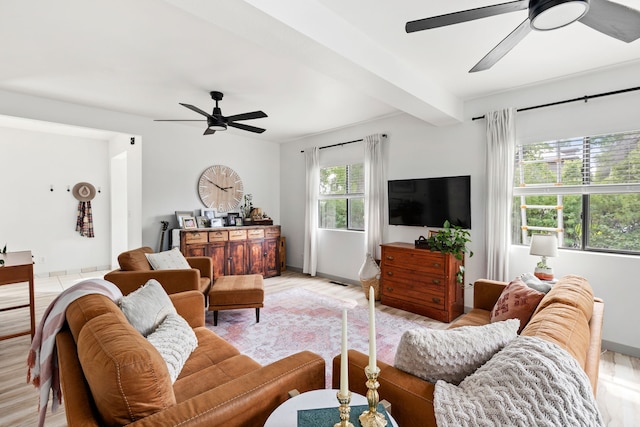 223 12th St N, Great Falls, MT 59401 - living room with ceiling fan, light wood-type flooring, and beam ceiling