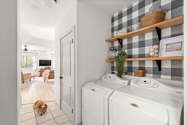 223 12th St N, Great Falls, MT 59401 - washroom with washer / dryer, wallpapered walls, light tile patterned flooring, and ceiling fan
