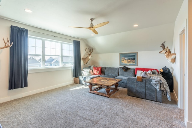 128 Antler Peak Ln, Kalispell, MT 59901 - carpeted living room featuring ceiling fan, lofted ceiling, and recessed lighting