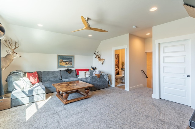 128 Antler Peak Ln, Kalispell, MT 59901 - living room with carpet floors, recessed lighting, ceiling fan, and vaulted ceiling