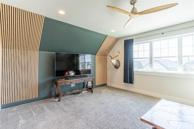 128 Antler Peak Ln, Kalispell, MT 59901 - living area featuring carpet flooring, recessed lighting, vaulted ceiling, and ceiling fan