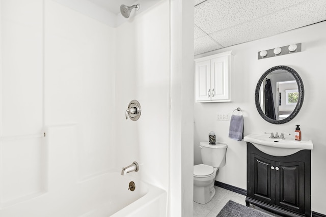 1237 Park Garden Rd, Great Falls, MT 59404 - bathroom with shower / washtub combination, vanity, tile patterned flooring, and a drop ceiling