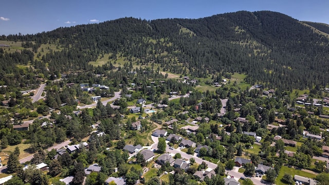 1585 Stanley St, Missoula, MT 59802 - aerial overview of property's location with a heavily wooded area and a mountain backdrop