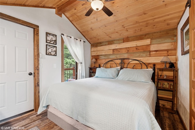 34045 Redgate Dr, Bigfork, MT 59911 - bedroom with wood finished floors, access to outside, wood ceiling, wood walls, and a ceiling fan