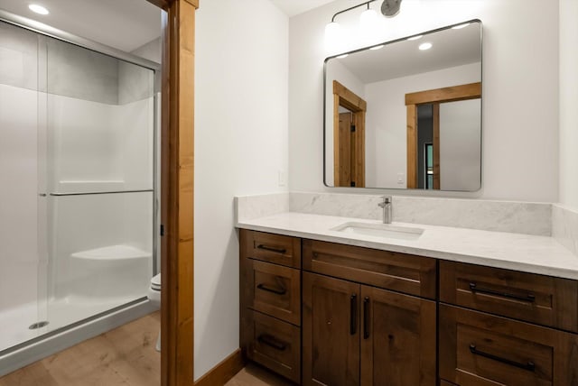 508 Dakota Ave, Whitefish, MT 59937 - full bath with vanity, a stall shower, and recessed lighting