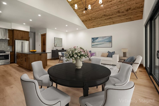 508 Dakota Ave, Whitefish, MT 59937 - dining room featuring recessed lighting, high vaulted ceiling, light wood-style flooring, and wood ceiling