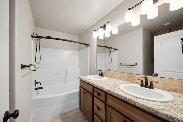 150 Swede Trl, Kalispell, MT 59901 - bathroom featuring shower / bath combination, double vanity, and tile patterned flooring