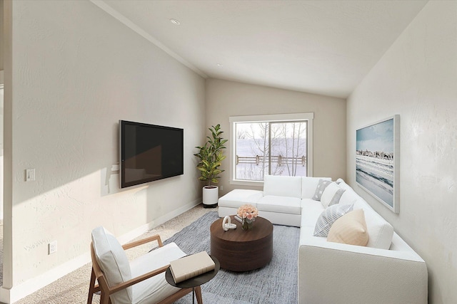 150 Swede Trl, Kalispell, MT 59901 - carpeted living area featuring vaulted ceiling and a textured wall