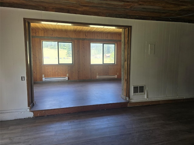 40 Larch Ln, Saint Regis, MT 59866 - unfurnished room featuring a baseboard heating unit, wood finished floors, healthy amount of natural light, and wooden walls