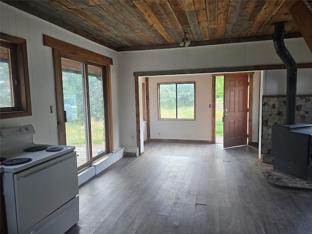 40 Larch Ln, Saint Regis, MT 59866 - unfurnished dining area featuring a wood stove, wooden ceiling, and dark wood-style floors
