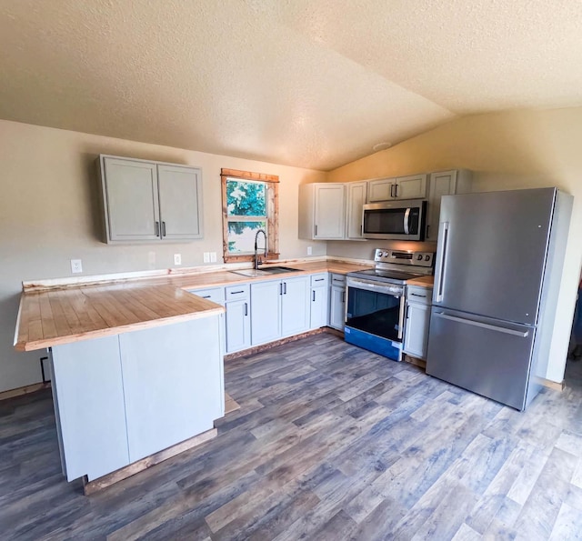 36240 Felsman St, Pablo, MT 59855 - kitchen featuring appliances with stainless steel finishes, lofted ceiling, a textured ceiling, a peninsula, and dark wood finished floors