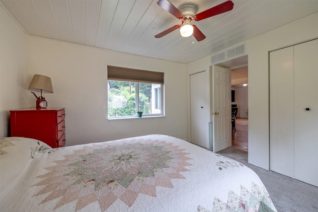 3422 Rimini Rd, Helena, MT 59601 - carpeted bedroom with wooden ceiling, ceiling fan, and multiple closets