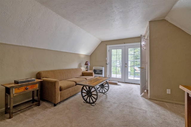 3422 Rimini Rd, Helena, MT 59601 - carpeted living room with vaulted ceiling, a textured ceiling, heating unit, and a textured wall