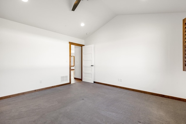 915 Stewart Loop, Bozeman, MT 59718 - unfurnished room with vaulted ceiling, dark carpet, ceiling fan, and recessed lighting