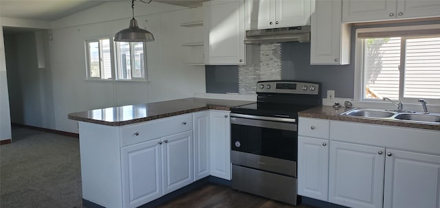 1805 Joslyn St Unit 25, Helena, MT 59601 - kitchen featuring stainless steel electric range, under cabinet range hood, a peninsula, and white cabinets