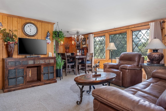429 Pleasant Valley Rd, Marion, MT 59925 - living area featuring a chandelier, carpet floors, and wooden walls