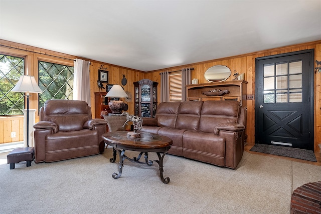 429 Pleasant Valley Rd, Marion, MT 59925 - living area featuring wood walls, light carpet, and ornamental molding