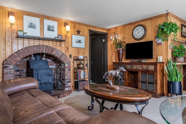 429 Pleasant Valley Rd, Marion, MT 59925 - living area with carpet flooring, wooden walls, and a wood stove