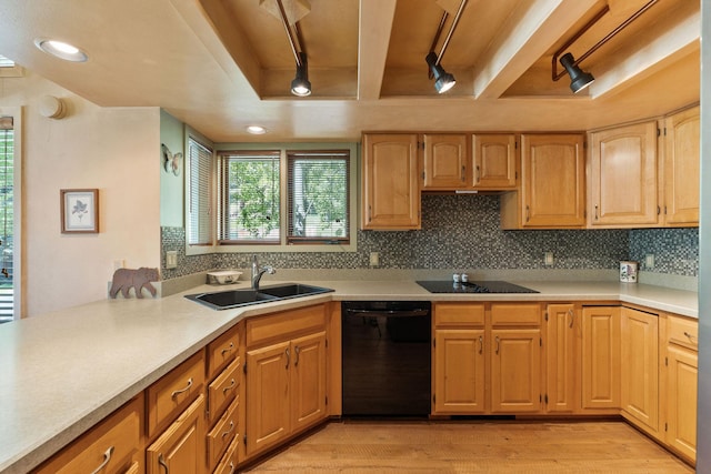 7 Eagle Bend Dr, Bigfork, MT 59911 - kitchen featuring black appliances, light wood-type flooring, track lighting, decorative backsplash, and recessed lighting