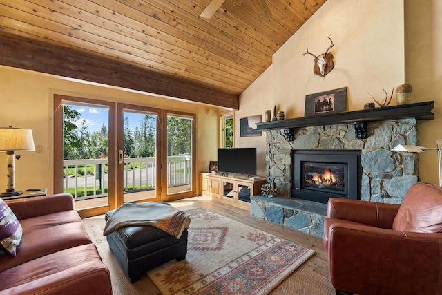 7 Eagle Bend Dr, Bigfork, MT 59911 - living area with vaulted ceiling, a fireplace, french doors, wood finished floors, and wood ceiling