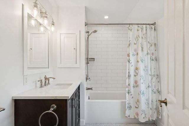 420 Little Creek Ln, Whitefish, MT 59937 - full bathroom with vanity, shower / tub combo with curtain, and recessed lighting