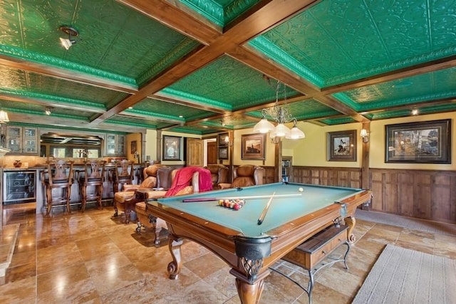 420 Little Creek Ln, Whitefish, MT 59937 - playroom featuring beamed ceiling, pool table, a wainscoted wall, beverage cooler, and coffered ceiling