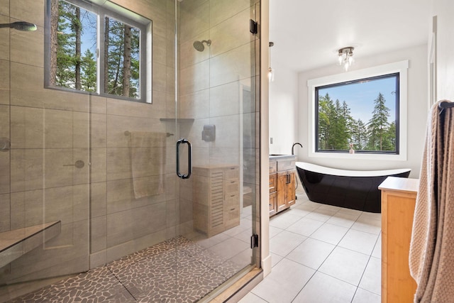 331 Deer Creek Rd, Somers, MT 59932 - bathroom featuring vanity, plenty of natural light, a shower stall, and tile patterned floors