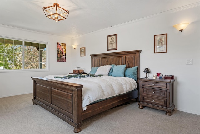 4786 Hereford Ln, Stevensville, MT 59870 - bedroom with light colored carpet, crown molding, and a chandelier