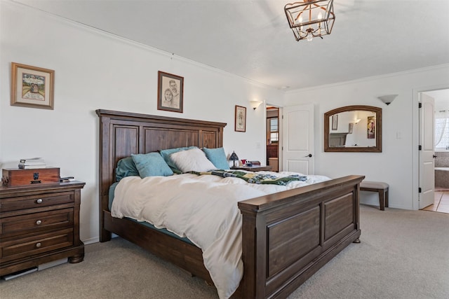 4786 Hereford Ln, Stevensville, MT 59870 - bedroom featuring light colored carpet, crown molding, ensuite bathroom, and a chandelier