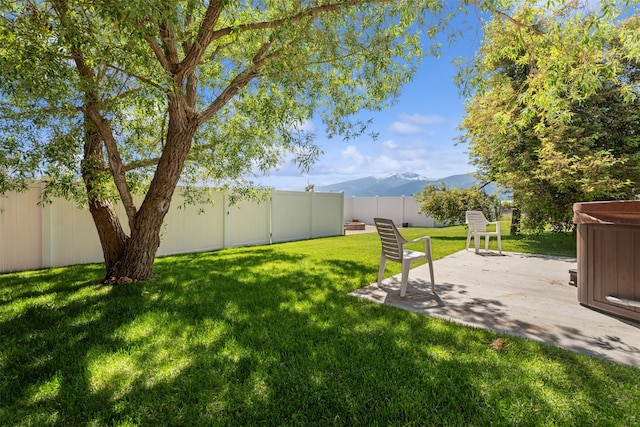 4786 Hereford Ln, Stevensville, MT 59870 - fenced backyard featuring a patio area, a mountain view, and a hot tub