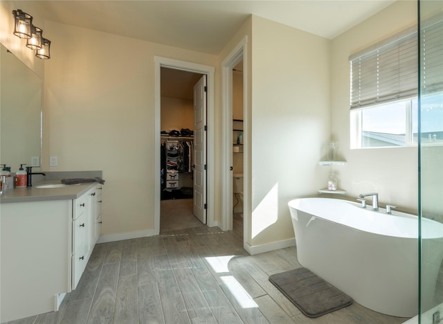 343 Meadow View Loop, East Helena, MT 59635 - bathroom featuring wood finished floors, vanity, a freestanding bath, and a walk in closet